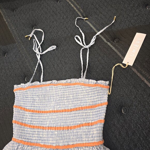 Lumière Women's Tie Shoulder Smocked Fit&Flare Blue & White Gingham Midi Dress L - Picture 4 of 12